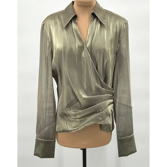 De Laru Tops - DELARU Olive Green Metallic Long Sleeve Wrap Blouse